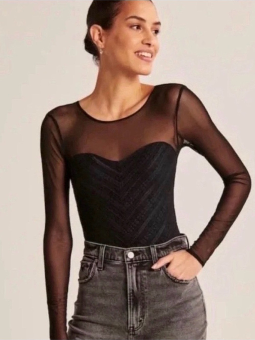 EUC Abercrombie & Fitch Black Sheer Mesh Long-Sleeve Bodysuit